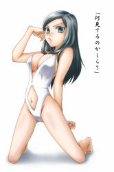 Rule 34 | 1girl, black eyes, black hair, breasts, casual one-piece swimsuit, cleavage, inazuma eleven, inazuma eleven (series), kira hitomiko, large breasts, long hair, maron (quintet colors), navel, one-piece swimsuit, solo, swimsuit, translation request