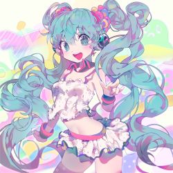 Rule 34 | 1girl, camisole, cowboy shot, green eyes, green hair, hatsune miku, headphones, highres, long hair, matching hair/eyes, midriff, navel, open mouth, redial (vocaloid), skirt, solo, thighhighs, twintails, very long hair, vivinos, vocaloid