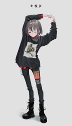 Rule 34 | 1girl, absurdres, animal print, ankle boots, arms up, bad id, bad twitter id, black footwear, black pants, black sweater, boots, closed eyes, closed mouth, cross-laced footwear, facing viewer, full body, gishiki (gshk), grey background, grey hair, highres, long sleeves, original, pants, short hair, simple background, smile, solo, stretching, sweater