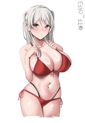 Rule 34 | 1girl, bikini, blush, breasts, brown eyes, cleavage, collarbone, conte di cavour (kancolle), cowboy shot, grey hair, highres, kantai collection, large breasts, long hair, looking at viewer, red bikini, simple background, solo, swimsuit, tf cafe, twitter username, two side up, white background