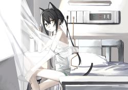 Rule 34 | 1girl, :&lt;, animal ear fluff, animal ears, bad id, bad twitter id, bare shoulders, bed, black hair, cable, cat ears, cat girl, cat tail, closed mouth, curtains, flower, hair between eyes, hand on own knee, highres, hospital, hospital bed, indoors, long hair, looking at viewer, on bed, original, pillow, sitting, solo, stool, tail, transparent, twintails, vase, white flower, window, xxxsoiu1, yellow eyes, yellow flower