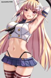 Rule 34 | 1girl, arms up, black hairband, black neckerchief, black panties, blonde hair, blue sailor collar, blue skirt, breasts, brooklyn (kancolle), cosplay, crop top, elbow gloves, flower, gloves, grey background, hair flower, hair ornament, hairband, highleg, highleg panties, highres, kantai collection, long hair, looking at viewer, medium breasts, microskirt, miniskirt, mizuki (uzuki no sato), neckerchief, one-hour drawing challenge, panties, pleated skirt, red eyes, sailor collar, shimakaze (kancolle), shimakaze (kancolle) (cosplay), shirt, simple background, skirt, sleeveless, sleeveless shirt, smile, solo, striped clothes, striped thighhighs, thighhighs, twitter username, underwear, white gloves