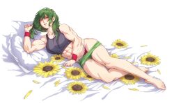 Rule 34 | 1girl, abs, absurdres, armband, bare legs, barefoot, black sports bra, commentary, commission, english commentary, feet, flower, green hair, green shorts, highres, kazami yuuka, legs, looking at viewer, muscular, muscular female, panties, plaid, plaid panties, red armband, red eyes, red panties, short hair, shorts, simple background, solo, sports bra, sunflower, thighs, toenails, toes, touhou, ultragruntyy, under covers, underwear, white background