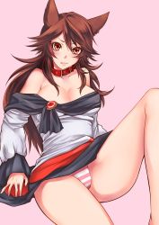 Rule 34 | 1girl, animal ears, bad id, bad pixiv id, bare legs, bare shoulders, blush, breasts, brooch, brown hair, cleavage, collar, fang, hachisaki, imaizumi kagerou, jewelry, large breasts, long hair, long sleeves, panties, pink background, pink panties, red eyes, simple background, solo, striped clothes, striped panties, touhou, underwear, wide sleeves, wolf ears