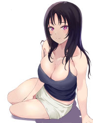 Rule 34 | 1girl, absurdres, bare arms, between legs, black camisole, black hair, breasts, camisole, cleavage, closed mouth, collarbone, commentary request, hair down, hand between legs, highres, kazuno sarah, large breasts, looking at viewer, love live!, love live! sunshine!!, medium hair, namazu (yamasonson), purple eyes, shadow, short shorts, shorts, simple background, sitting, smile, solo, strap slip, thighs, white background, white shorts