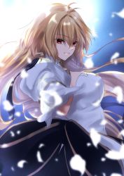 Rule 34 | 1girl, archetype earth, arcueid brunestud, asagi nanase, bare shoulders, blonde hair, blue skirt, breasts, detached collar, detached sleeves, dress, fate/grand order, fate (series), full moon, gloves, highres, large breasts, layered skirt, long hair, long skirt, looking at viewer, moon, night, night sky, outstretched arm, petals, red eyes, skirt, sky, smile, tsukihime, very long hair, white dress, white gloves