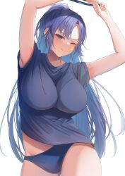 Rule 34 | absurdres, arms up, blue archive, blue buruma, blue hair, blue shirt, blush, breasts, buruma, gradient hair, gym shirt, highres, large breasts, long hair, looking at viewer, mecha, multicolored hair, official alternate costume, oimo imoya, one eye closed, robot, shirt, short sleeves, sidelocks, simple background, standing, star sticker, sticker on face, thighs, two-tone hair, very long hair, white background, yuuka (blue archive), yuuka (track) (blue archive)