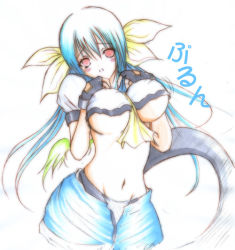 Rule 34 | 1girl, arc system works, asymmetrical wings, black gloves, blue hair, blush, breasts squeezed together, breasts, crop top, dizzy (guilty gear), fingerless gloves, gloves, guilty gear, hair ribbon, large breasts, open clothes, open shorts, panties, red eyes, ribbon, shorts, solo, tail, underboob, underwear, wings