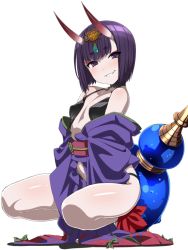 Rule 34 | 1girl, bare shoulders, bob cut, breasts, collarbone, eyeliner, fate/grand order, fate (series), gourd, grin, headpiece, horns, japanese clothes, kimono, loliconder, long sleeves, looking at viewer, makeup, obi, off shoulder, oni, purple eyes, purple hair, purple kimono, revealing clothes, sash, shiny skin, short hair, short kimono, shuten douji (fate), skin-covered horns, small breasts, smile, solo, squatting, thighs, white background, wide sleeves