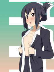 Rule 34 | 1girl, alternate hairstyle, black hair, blush, breasts, brown eyes, business suit, dress shirt, face, formal, ikari manatsu, k-on!, nakano azusa, no bra, aged up, open clothes, open shirt, revision, shirt, solo, suit, sweat