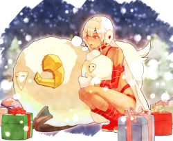Rule 34 | 1girl, akamiso (k074510), altera (fate), altera the santa (fate), boots, box, dark skin, dark-skinned female, detached sleeves, fate/grand order, fate (series), gift, gift box, gloves, highres, mittens, parted lips, revealing clothes, sheep, solo, tattoo, veil, white gloves, white hair