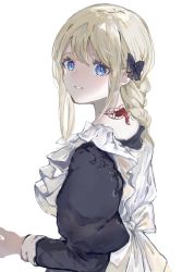 Rule 34 | 1girl, apron, black bow, black dress, blonde hair, blue eyes, bow, braid, commentary request, dress, from side, gawako, hair bow, highres, juliet sleeves, long hair, long sleeves, looking at viewer, looking to the side, maid, maid apron, mouth in wrong place, original, parted lips, puffy sleeves, simple background, single braid, smile, solo, tongue, tongue out, white apron, white background