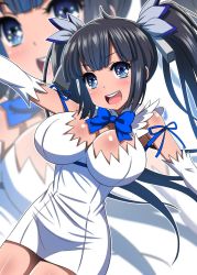 Rule 34 | 1girl, ai wa muteki, black hair, blue eyes, blue ribbon, breasts, cleavage cutout, clothing cutout, commentary request, cowboy shot, dress, dungeon ni deai wo motomeru no wa machigatteiru darou ka, gloves, hestia (danmachi), large breasts, long hair, looking at viewer, open mouth, outstretched arms, rei no himo, ribbon, round teeth, short dress, smile, solo, teeth, twintails, upper teeth only, white dress, white gloves, zoom layer