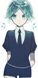 1other :o absurdres arms_behind_back black_necktie black_shirt black_shorts commentary_request cowboy_shot green_eyes green_hair highres houseki_no_kuni looking_to_the_side necktie open_mouth other_focus parted_bangs phosphophyllite puffy_short_sleeves puffy_sleeves shirt short_hair short_shorts short_sleeves shorts simple_background sippudayo solo straight-on white_background white_shirt