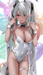 Rule 34 | 1girl, alternate costume, animal ears, balloon, black bow, black bowtie, blue archive, bow, bowtie, breasts, confetti, covered navel, dark-skinned female, dark skin, detached collar, frills, gluteal fold, grey hair, groin, hands up, happy new year, highleg, highleg leotard, highres, holding, holding own hair, iori (blue archive), leotard, long hair, looking at viewer, medium breasts, new year, open mouth, paid reward available, playboy bunny, pointy ears, rabbit ears, raised eyebrows, red eyes, shy, skai kun, solo, standing, stool, thigh strap, twintails, very long hair, white leotard, wrist cuffs