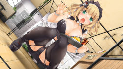 Rule 34 | 1girl, ankle strap, aqua eyes, bare shoulders, blonde hair, breasts, cafe, cameltoe, cleavage, drink, garter belt, glass, harem wars (game), kopianget, large breasts, looking at viewer, maid, open mouth, panties, platform footwear, sandals, solo, squatting, thighhighs, tray, underwear, upskirt, waitress