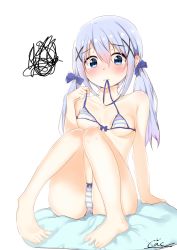 Rule 34 | 1girl, absurdres, arm support, bare arms, bare legs, bare shoulders, barefoot, bikini, bikini in mouth, blue bow, blue eyes, blue hair, blush, bow, bow bikini, breasts, cac itinose, closed mouth, clothes in mouth, collarbone, commentary request, cushion, feet, gochuumon wa usagi desu ka?, hair between eyes, hair bow, hair ornament, highres, kafuu chino, knees together feet apart, legs, long hair, low twintails, signature, simple background, sitting, small breasts, solo, squiggle, striped bikini, striped clothes, swimsuit, toenails, twintails, white background, x hair ornament, zabuton