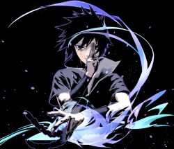 Rule 34 | 1boy, black background, black eyes, black hair, black jacket, cofffee, covering own mouth, fighting stance, hair between eyes, hand over own mouth, high collar, jacket, male focus, naruto (series), short hair, short sleeves, solo, spiked hair, uchiha sasuke, upper body, wristband