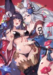 Rule 34 | 2girls, animal ears, bare shoulders, bell, bikini, black bikini, black hair, black ribbon, blue dress, blue eyes, blush, breasts, cleavage, closed mouth, collarbone, detached sleeves, dress, erune, fang, flower, fox ears, fox shadow puppet, fox tail, granblue fantasy, hair bell, hair flower, hair ornament, hair ribbon, highres, japanese clothes, jingle bell, kimono, large breasts, long hair, long sleeves, looking at viewer, multiple girls, navel, one eye closed, open clothes, open kimono, open mouth, pelvic curtain, petals, ponytail, purple eyes, red kimono, red ribbon, ribbon, silver hair, smile, societte (granblue fantasy), swept bangs, swimsuit, tail, thighs, watao, wide sleeves, yuel (granblue fantasy)