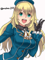 Rule 34 | 1girl, atago (kancolle), black gloves, blonde hair, blue eyes, blue headwear, blue jacket, breasts, commentary request, gloves, hair between eyes, highres, jacket, kantai collection, large breasts, long hair, long sleeves, maakun (makun dx), military uniform, one-hour drawing challenge, open mouth, simple background, smile, solo, teeth, twitter username, uniform, upper body, upper teeth only, white background