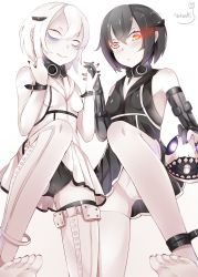 Rule 34 | 10s, 2girls, :&lt;, abyssal ship, abyssal twin princess (black), anklet, armpits, bad anatomy, bags under eyes, bare shoulders, barefoot, bdsm, black dress, black gloves, black hair, black nails, black panties, blank eyes, blush, bob cut, braid, breasts, cameltoe, closed mouth, collar, dress, elbow gloves, expressionless, feet, from below, gloves, glowing, glowing eye, glowing eyes, hair between eyes, holding hands, highres, holding, holding weapon, horns, interlocked fingers, jewelry, kantai collection, leg up, looking at viewer, looking down, multiple girls, nahaki, nail polish, night strait princess (white), no pupils, pale skin, panties, pantyshot, partially fingerless gloves, pov, red eyes, shirt, short hair, siblings, simple background, sin-poi, single braid, sisters, sleeveless, sleeveless dress, small breasts, smile, soles, standing, standing on one leg, stepped on, toenail polish, toenails, toes, twitter username, underwear, upskirt, weapon, white background, white dress, white hair, white legwear, white panties, white shirt, wristband, yellow eyes