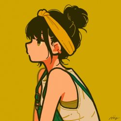 Rule 34 | 1girl, absurdres, black hair, earrings, expressionless, green overalls, hair bun, highres, jewelry, miyoshi yoshimi, original, signature, simple background, single hair bun, solo, upper body, yellow background, yellow eyes, yellow theme