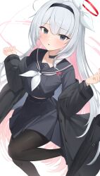 Rule 34 | 1girl, absurdres, black choker, black coat, black eyes, black hairband, black pantyhose, black sailor collar, black serafuku, black shirt, black skirt, blue archive, blush, braid, choker, coat, colored inner hair, commentary request, feet out of frame, grey hair, hair ribbon, hairband, halo, hands up, highres, korean commentary, long hair, long sleeves, looking at viewer, multicolored hair, neckerchief, off shoulder, open clothes, open coat, pang-yo, pantyhose, parted lips, pink hair, plana (blue archive), pleated skirt, red halo, ribbon, sailor collar, school uniform, serafuku, shirt, side braid, skirt, solo, very long hair, white neckerchief, white ribbon