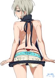 Rule 34 | 10s, 1girl, anastasia (idolmaster), ass, back, back focus, backless dress, backless outfit, bare back, blue eyes, blush, commentary request, cowboy shot, dress, earrings, from behind, g-string, highres, idolmaster, idolmaster cinderella girls, jewelry, legs apart, looking away, meme attire, panties, red panties, revision, ribbed sweater, short hair, short shorts, shorts, signature, silver hair, simple background, solo, standing, suna (sandworks), sweater, sweater dress, thong, underwear, virgin killer sweater, whale tail (clothing), white background