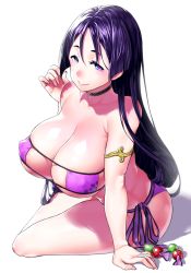 Rule 34 | 1girl, armlet, bare arms, bare legs, bare shoulders, bikini, breasts, choker, cleavage, closed mouth, covered erect nipples, eyepatch bikini, fate/grand order, fate (series), full body, highres, large breasts, leaning forward, long hair, looking at viewer, minamoto no raikou (fate), minamoto no raikou (fate/grand order), minamoto no raikou (swimsuit lancer) (fate), onsoku inu, purple bikini, purple eyes, purple hair, side-tie bikini bottom, simple background, sitting, smile, solo, swimsuit, white background