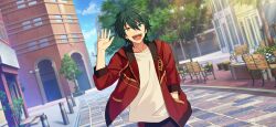 Rule 34 | 1boy, bench, blue eyes, blue sky, building, drawstring, ensemble stars!, green hair, hair between eyes, hand in pocket, happy elements, heterochromia, hood, hooded jacket, jacket, kagehira mika, long sleeves, official art, open clothes, open jacket, open mouth, plant, potted plant, shirt, short hair, sky, smile, solo, teeth, third-party source, tree, upper teeth only, white shirt, wooden bench, yellow eyes