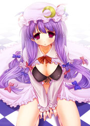 Rule 34 | 1girl, bad id, bad pixiv id, blush, bra, breasts, cleavage, covered erect nipples, dress, female focus, front-tie top, gradient background, hat, lingerie, long hair, open clothes, open dress, patchouli knowledge, purple eyes, purple hair, scarlet (studioscr), sitting, solo, touhou, underwear, white background