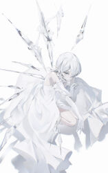 Rule 34 | 1girl, bare shoulders, commentary request, crystal wings, dress, elbow gloves, expressionless, gloves, highres, original, pointy ears, raivarune, short hair, solo, white dress, white eyes, white gloves, white hair, white theme, wings