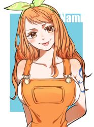 Rule 34 | 1girl, arm tattoo, arms behind back, blue background, character name, chiyo (@ch falgar), commentary request, earrings, green ribbon, hair ribbon, highres, jewelry, long hair, looking at viewer, nami (one piece), one piece, one piece: stampede, orange eyes, orange hair, overalls, pearl earrings, ribbon, smile, solo, swept bangs, tattoo, tongue, tongue out, upper body