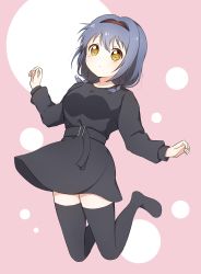Rule 34 | 1girl, belt, black dress, black thighhighs, blue hair, blush, breasts, brown hairband, casual, commentary, dress, expressionless, full body, furutani himawari, hairband, highres, low twintails, medium breasts, medium hair, minatsuki hitoka, no shoes, pink background, solo, thighhighs, twintails, two-tone background, white background, yellow eyes, yuru yuri, zettai ryouiki
