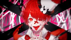 Rule 34 | &gt;:d, 1boy, 2016, :d, artist name, blood, colored sclera, cracked skin, eyelashes, fukase, ghost rule (vocaloid), hat, highres, male focus, nail polish, nem, open mouth, pink blood, red eyes, red nails, red sclera, smile, tongue, tongue out, top hat, v-shaped eyebrows, veins, vocaloid