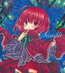 Rule 34 | 1girl, black shirt, black thighhighs, blue bow, blush, bow, cape, closed mouth, cowboy shot, dark background, frilled bow, frills, green background, green ribbon, hair bow, large bow, long sleeves, looking at viewer, looking down, marker (medium), neck ribbon, red cape, red eyes, red hair, red skirt, ribbon, ribbon-trimmed bow, rui (sugar3), sample watermark, sekibanki, shirt, short hair, skirt, solo, thighhighs, touhou, traditional media, watermark, wide sleeves, zettai ryouiki