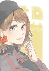 Rule 34 | 1girl, beanie, black hat, blush, breasts, brown eyes, brown hair, closed mouth, collared shirt, commentary request, earrings, english text, hat, heart, heart earrings, highres, jewelry, kashikaze, kusuda aina, long sleeves, medium breasts, outline, real life, red shirt, shirt, solo, twirling hair, upper body, voice actor connection, white outline