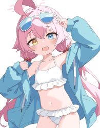 Rule 34 | 1girl, absurdres, ahoge, bikini, blue-tinted eyewear, blue archive, blue eyes, blue jacket, cowboy shot, eyewear on head, fang, frilled bikini, frills, hair bobbles, hair ornament, halo, heterochromia, highres, hoshino (blue archive), hoshino (swimsuit) (blue archive), jacket, long hair, looking at viewer, low twintails, navel, official alternate costume, pink hair, pink halo, simple background, skin fang, solo, sunglasses, swimsuit, tinted eyewear, twintails, white-framed eyewear, white background, white bikini, yellow eyes, yukisiannn