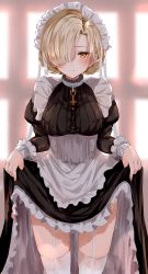 Rule 34 | 1girl, apron, azur lane, black dress, blonde hair, blurry, blurry background, blush, braid, breasts, buttons, closed mouth, clothes lift, collar, cropped legs, dress, dress lift, french braid, frilled apron, frills, garter straps, hair over one eye, indoors, juliet sleeves, lifted by self, long sleeves, looking at viewer, maid, maid apron, maid headdress, medium breasts, puffy sleeves, raru (nanaharararu), sheffield (azur lane), solo, thighhighs, white apron, white thighhighs, yellow eyes