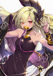 Rule 34 | 1girl, bare shoulders, black dress, black ribbon, blush, braid, breasts, collarbone, commentary request, dress, granblue fantasy, hair ribbon, helel ben shalem, highres, large breasts, pilokey, red eyes, ribbon, simple background, solo, white background