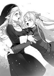 Rule 34 | 2girls, :o, blush, elf, greyscale, habit, hug, jewelry, long hair, looking at another, monochrome, multiple girls, necklace, novel illustration, nun, official art, ossan boukensha kane no zenkou, outdoors, pointy ears, standing, super zombie, traditional nun