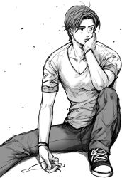 Rule 34 | 1boy, bracelet, collarbone, eleven1090, expressionless, fujiwara takumi, greyscale, hair behind ear, hand on own face, highres, holding, holding jewelry, holding necklace, initial d, jewelry, looking to the side, male focus, monochrome, necklace, pants, pectoral cleavage, pectorals, shadow, shirt, shoes, sitting, sneakers, solo, white background