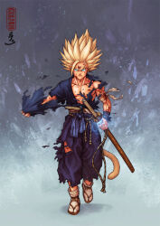 Rule 34 | 1boy, abs, alternate costume, arm wrap, artist name, bandaged arm, bandages, blonde hair, closed mouth, collarbone, dragon ball, dragonball z, facing viewer, full body, furrowed brow, glowing, glowing sword, glowing weapon, green eyes, guillem dauden, holding, holding sword, holding weapon, injury, japanese clothes, katana, looking at viewer, male focus, muscular, pants, pectorals, purple pants, purple shirt, samurai, sash, sheath, sheathed, shirt, short sleeves, simple background, solo, son gohan, spiked hair, super saiyan, super saiyan 2, sword, tabi, tearing clothes, tears, toned, toned male, torn clothes, torn pants, torn shirt, unsheathing, walking, waraji, weapon