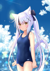 Rule 34 | 1girl, animal ears, bare arms, bare shoulders, black bow, black hair, blue one-piece swimsuit, blue sky, blush, bow, breasts, brown eyes, cat ears, cat girl, cat tail, closed mouth, cloud, cloudy sky, collarbone, commentary request, cowboy shot, day, hair between eyes, hair bow, hair ornament, horizon, long hair, looking at viewer, m ko (maxft2), multicolored hair, ocean, old school swimsuit, one-piece swimsuit, original, outdoors, school swimsuit, signature, sky, small breasts, solo, standing, streaked hair, swimsuit, tail, twintails, very long hair, water, wet, white hair, x hair ornament