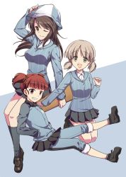 Rule 34 | 10s, 3girls, aki (girls und panzer), ankle boots, blue footwear, blue hat, blue shirt, blue skirt, blunt bangs, boots, brown eyes, brown hair, closed mouth, commentary request, dress shirt, full body, girls und panzer, green eyes, grey legwear, grey skirt, grin, hand on own head, hands in pockets, haruna hisui, hat, holding, holding instrument, instrument, jacket, kantele, light brown hair, loafers, long hair, long sleeves, looking at viewer, mika (girls und panzer), mikko (girls und panzer), miniskirt, multiple girls, one eye closed, open mouth, pants, pants rolled up, pants under skirt, pleated skirt, red eyes, red hair, school uniform, shirt, shoes, short hair, short twintails, skirt, smile, socks, striped clothes, striped shirt, track jacket, track pants, twintails, vertical-striped clothes, vertical-striped shirt, white shirt