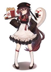 Rule 34 | 1girl, alternate costume, apron, bird, brown hair, chicken, closed eyes, fang, food, french fries, frilled skirt, frills, full body, genshin impact, ghost, hair ornament, hand on own hip, hat, high heels, highres, hu tao (genshin impact), kfc, long hair, long sleeves, multicolored hair, neckerchief, open mouth, parody, red eyes, red hair, rktsm, simple background, skirt, smile, socks, solo, standing, tray, two-tone hair, very long hair, white background, wide sleeves