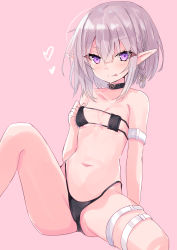Rule 34 | 1girl, :p, bare shoulders, bikini, black bikini, black choker, blush, braid, choker, closed mouth, collarbone, commentary request, eyepatch bikini, feet out of frame, grey hair, hair between eyes, hair ornament, heart, heart choker, heart hair ornament, highres, hizaka, knee up, original, pink background, pointy ears, purple eyes, simple background, sitting, smile, solo, swimsuit, tongue, tongue out