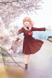 Rule 34 | 1girl, :d, absurdres, aqua eyes, artist name, blurry, blurry foreground, blush, brown dress, cherry blossoms, commentary request, crossed bangs, dress, full body, gim (gim-gim-3919), hair ornament, hasu no sora school uniform, highres, hinoshita kaho, link! like! love live!, long sleeves, looking ahead, love live!, medium dress, medium hair, neckerchief, open mouth, orange hair, outstretched arms, photo background, pleated dress, rabbit hair ornament, red neckerchief, road, sailor collar, sailor dress, school uniform, sky, sleeve cuffs, smile, solo, spread arms, teeth, tree, twitter username, two side up, upper teeth only, virtual youtuber, walking, white sailor collar, white sky, winter uniform