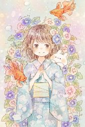 Rule 34 | 1girl, air bubble, animal, animal on shoulder, artist name, blue flower, blue kimono, bubble, fish, floral background, floral print, flower, goldfish, gradient background, gradient clothes, grey eyes, highres, japanese clothes, kimono, leaf, light blush, light brown hair, light particles, looking to the side, momochy, morning glory, obi, original, own hands together, pastel colors, pink flower, plant, rabbit, sash, short hair, smile, wide sleeves, yukata