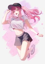 Rule 34 | 1girl, absurdres, baseball cap, black hat, black shorts, breasts, cropped shirt, hat, highres, hololive, hololive english, kmes niku, large breasts, long hair, looking at viewer, mori calliope, nail polish, navel, pink hair, red eyes, red nails, shirt, shoes, shorts, smile, sneakers, solo, twintails, virtual youtuber, watch, white footwear, white shirt, wristwatch